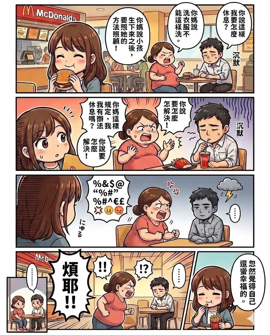 四格漫畫:麥當勞裡吵架的夫妻