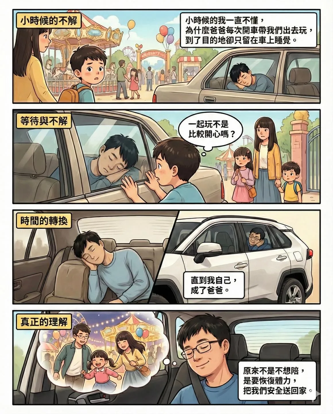 四格漫畫:小時候不懂爸爸為什麼一到目的地就在車上睡覺,當了爸爸才懂