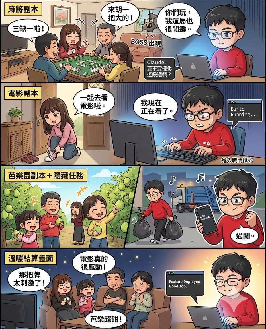 春節四格漫畫:打麻將、看電影、採芭樂,爸爸都在寫程式