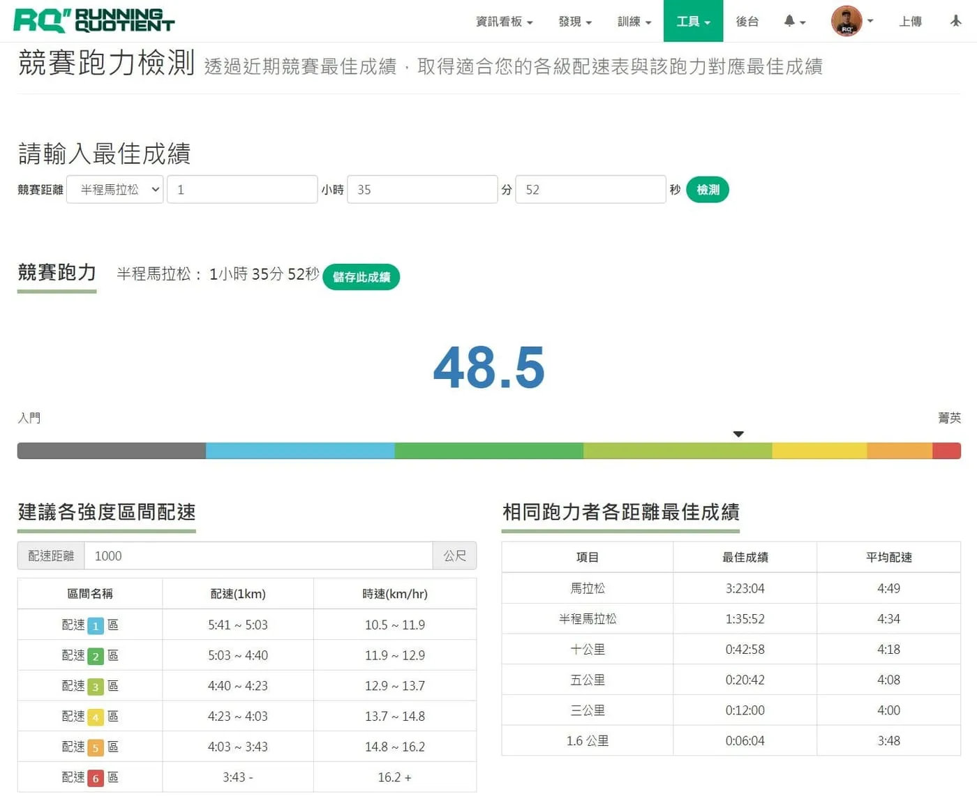 RQ 上的競賽跑力檢測,可透過成績換算成跑力