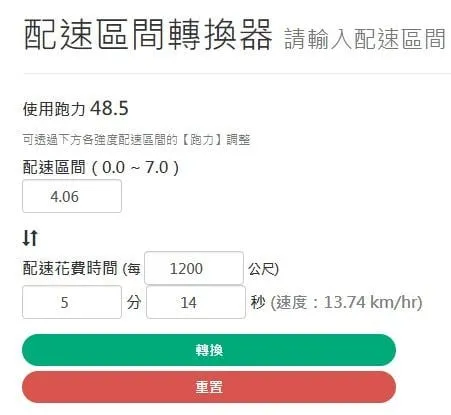 配速區間轉換器可以自訂公尺的配速,方便計算操場速度